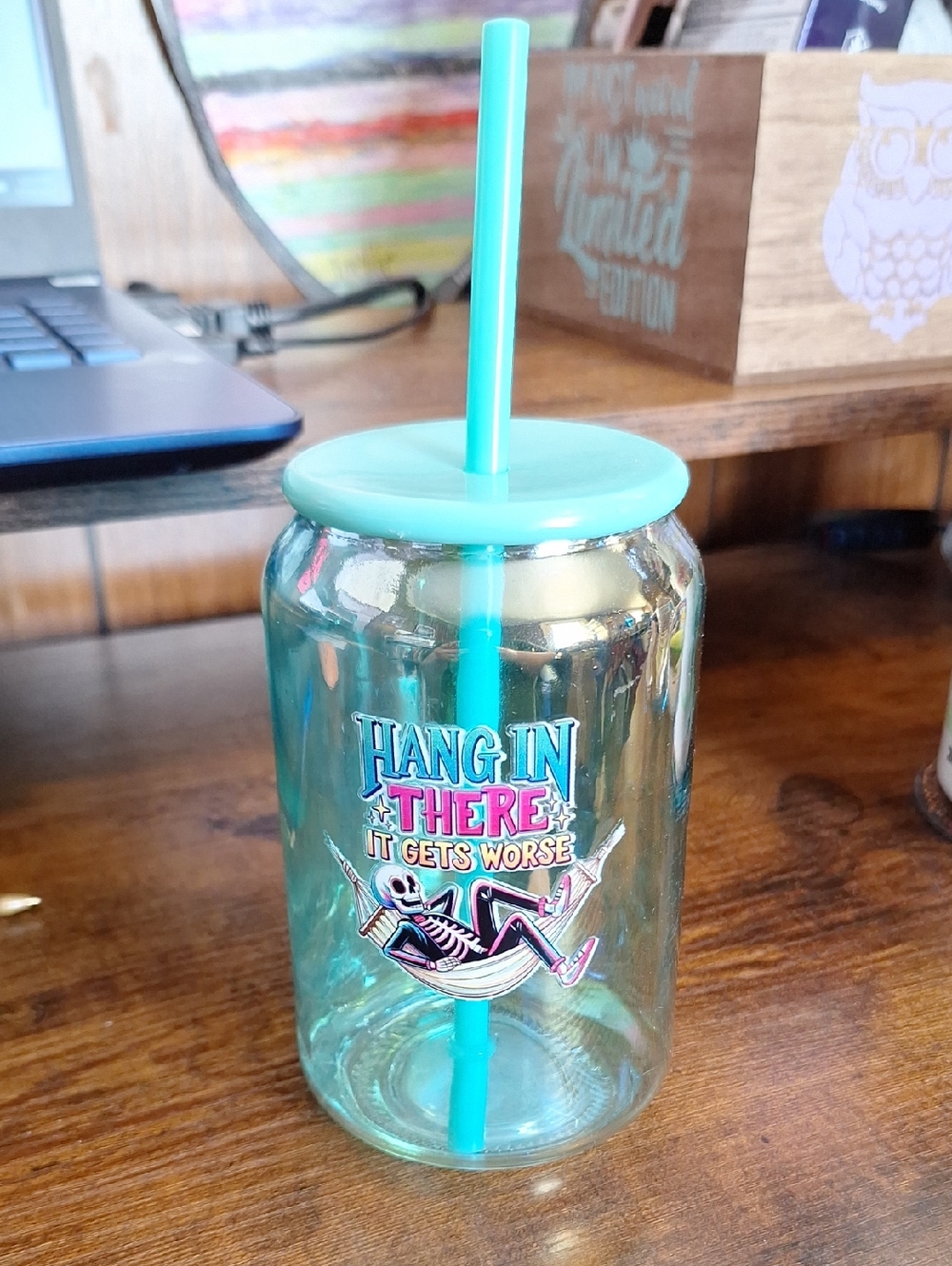 Aqua Mason Jar Tumbler with Straw - 'Hang In There' Skeleton Graphic